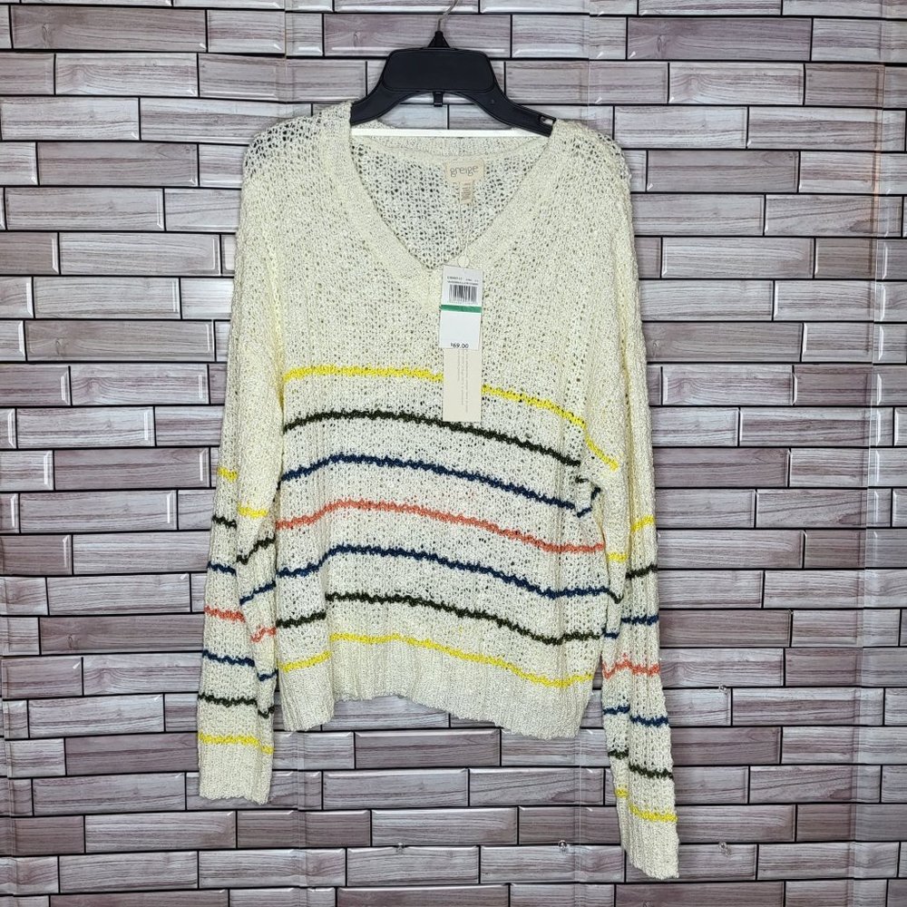 New greige Women's Sweater Size Large Long Sleeve Top‎ Ivory Striped Blouse